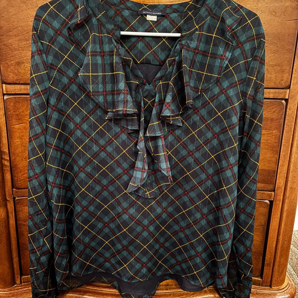 Tommy Hilfiger Plaid Ruffle Blouse - Black and Yellow